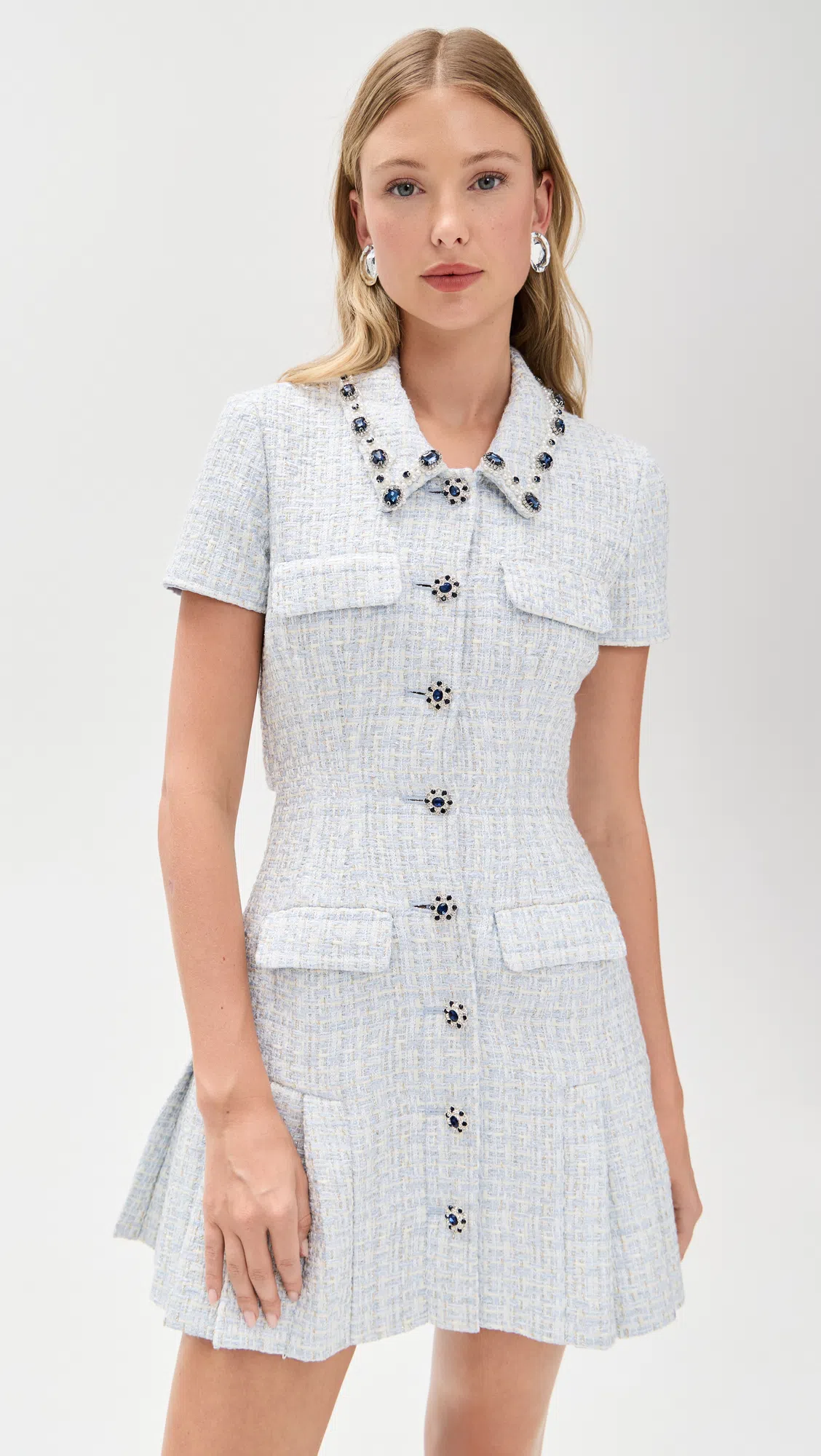 SELF-PORTRAIT Self Portrait Bouclé Mini Dress In Blue Blue