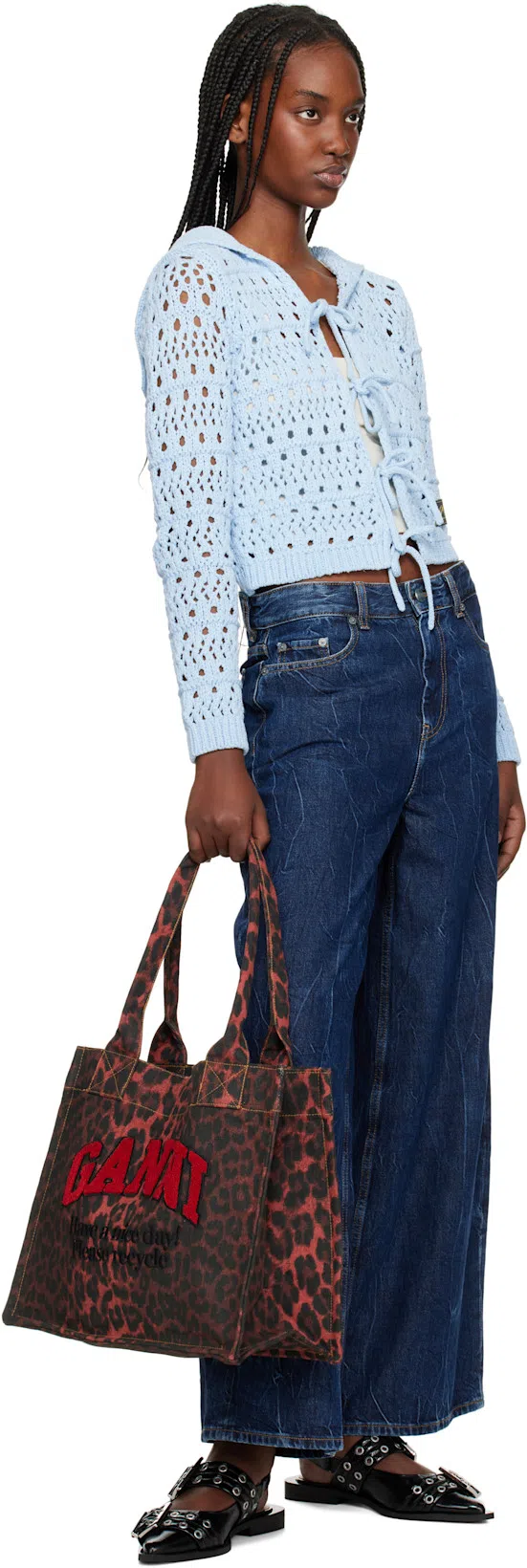 GANNI Blue Tie String Cardigan In 326 Soft Chambray