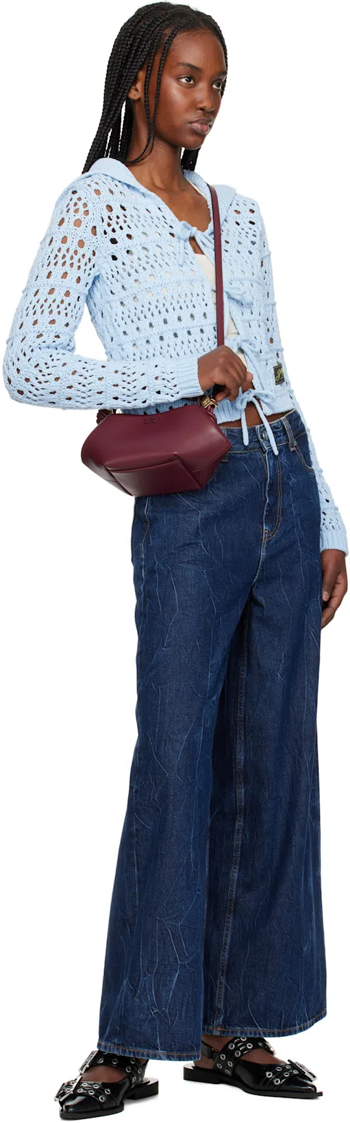 GANNI Blue Tie String Cardigan In 326 Soft Chambray