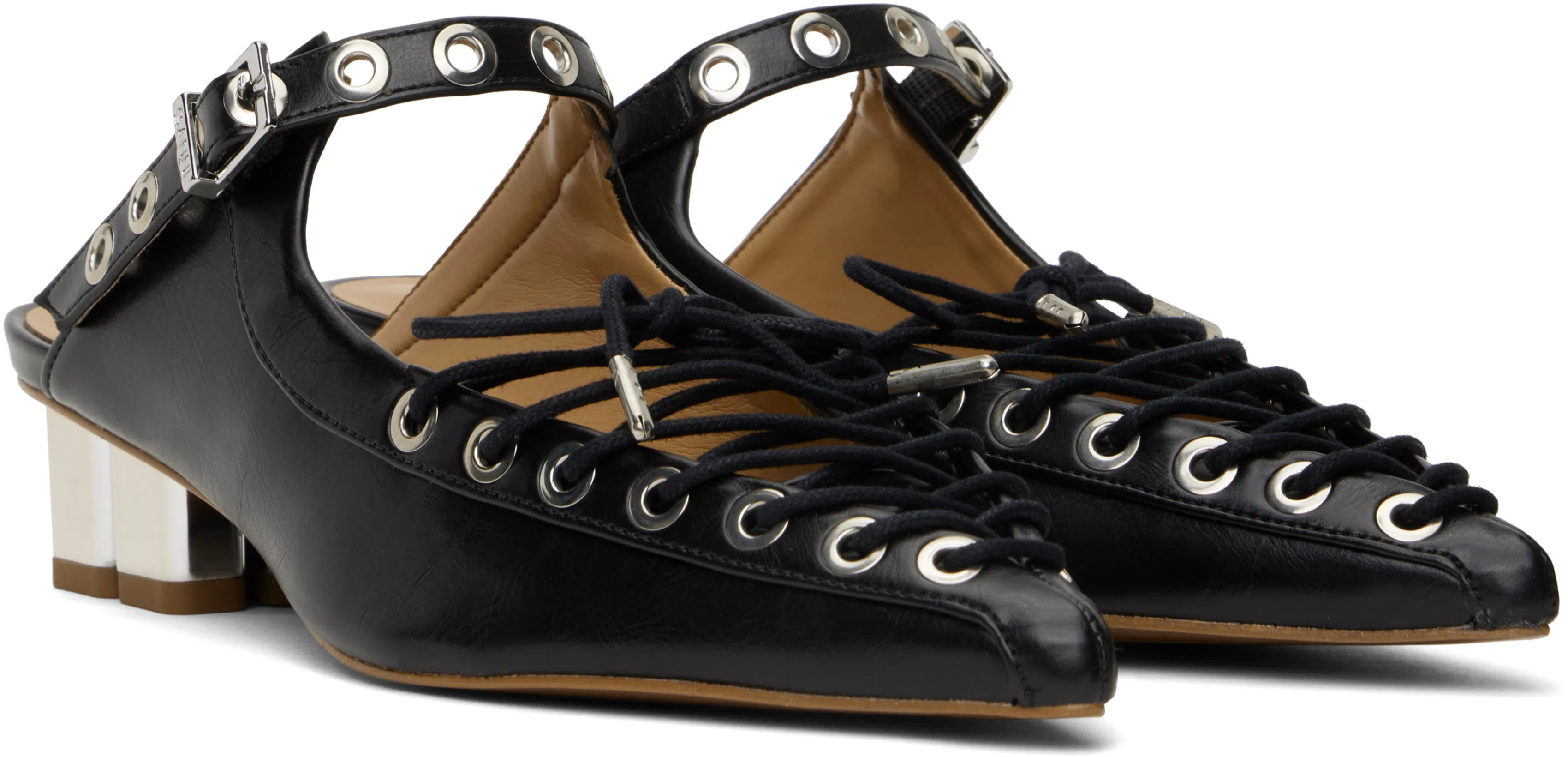 GANNI Womens Black Eyelets Lace-up Faux-leather Mules Eur 39 / 6 Uk