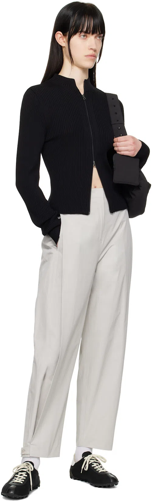 AMOMENTO Mock-neck Ribbed Cardigan In Black