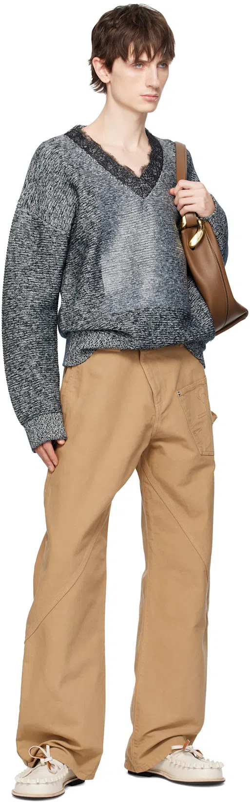 JW ANDERSON Mens Twisted Workwear Panelled Wide-leg Cotton Trousers Flax