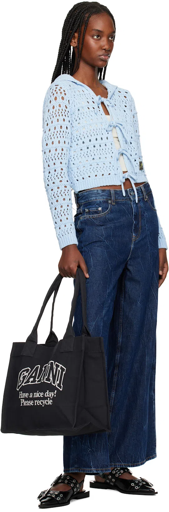 GANNI Blue Tie String Cardigan In 326 Soft Chambray