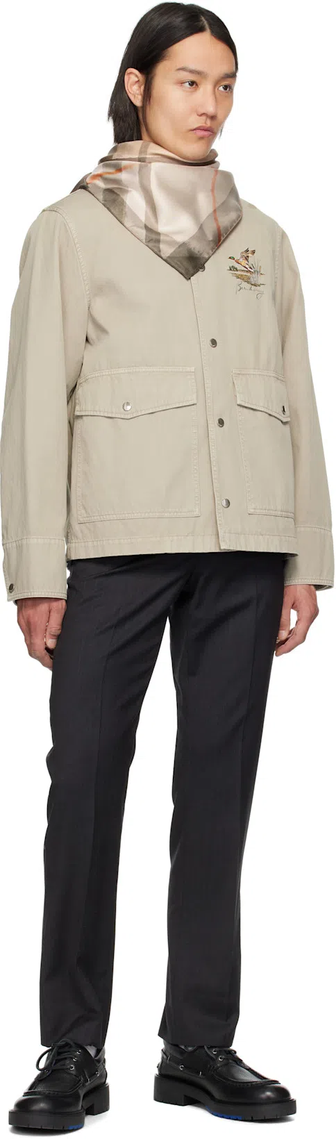 BURBERRY Cotton Jacket With Corduroy Collar And Embroidered Detail In Heron