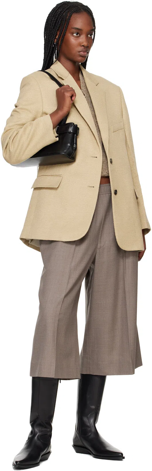 RECTO Beige Oversize Single Breasted Tweed Blazer In Khaki Biege