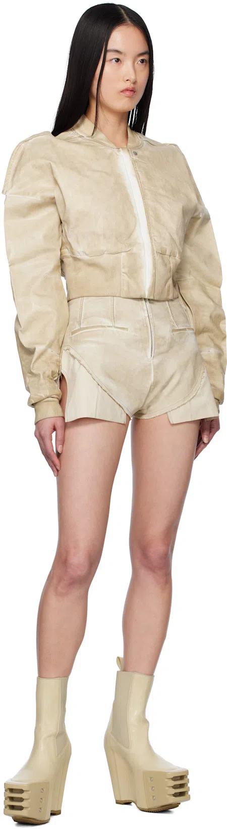RICK OWENS DRKSHDW Beige Hollywood Cropped Denim Flight Jacket In 81 Parchment