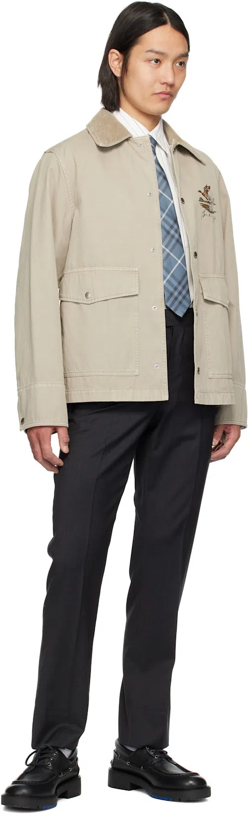 BURBERRY Cotton Jacket With Corduroy Collar And Embroidered Detail In Heron