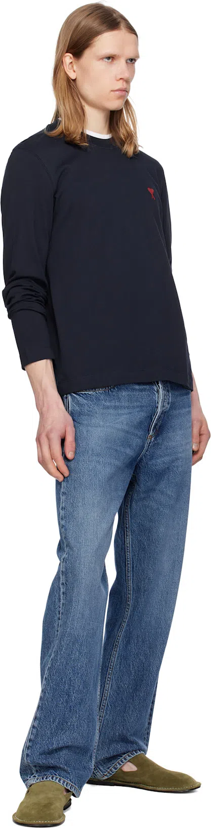 AMI ALEXANDRE MATTIUSSI Ami Paris Men Blue Crewneck Sweater With Adc Embroidery On The Front In Wool Blend Man