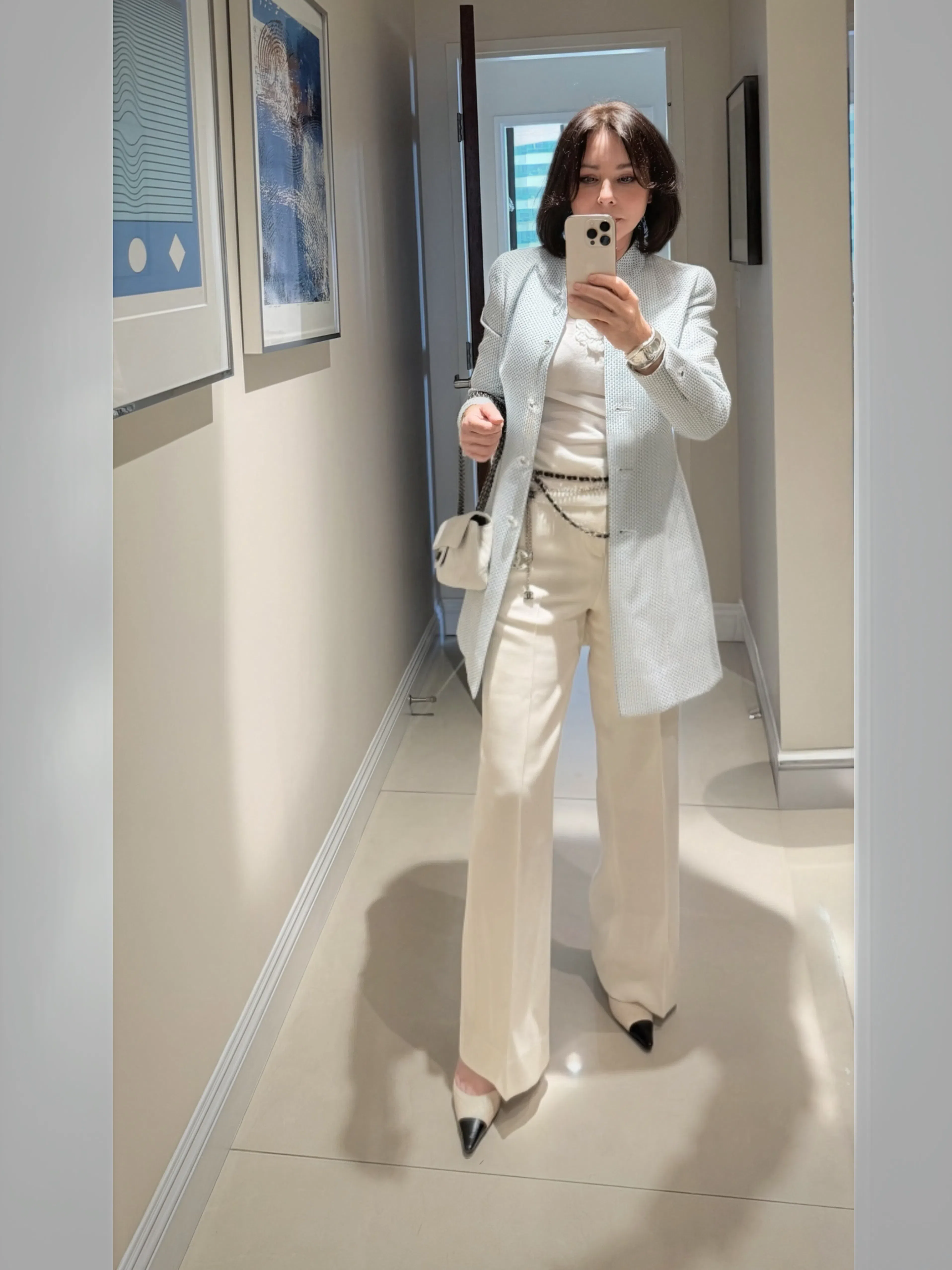 MIU MIU Almond Toe Slingback Pumps With Chain Detail In White