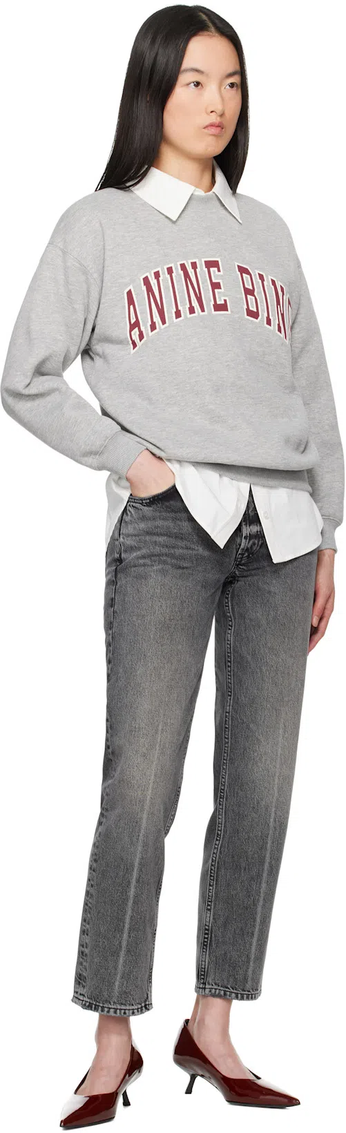ANINE BING Kate Mid Rise Denim Straight Jeans In Grey