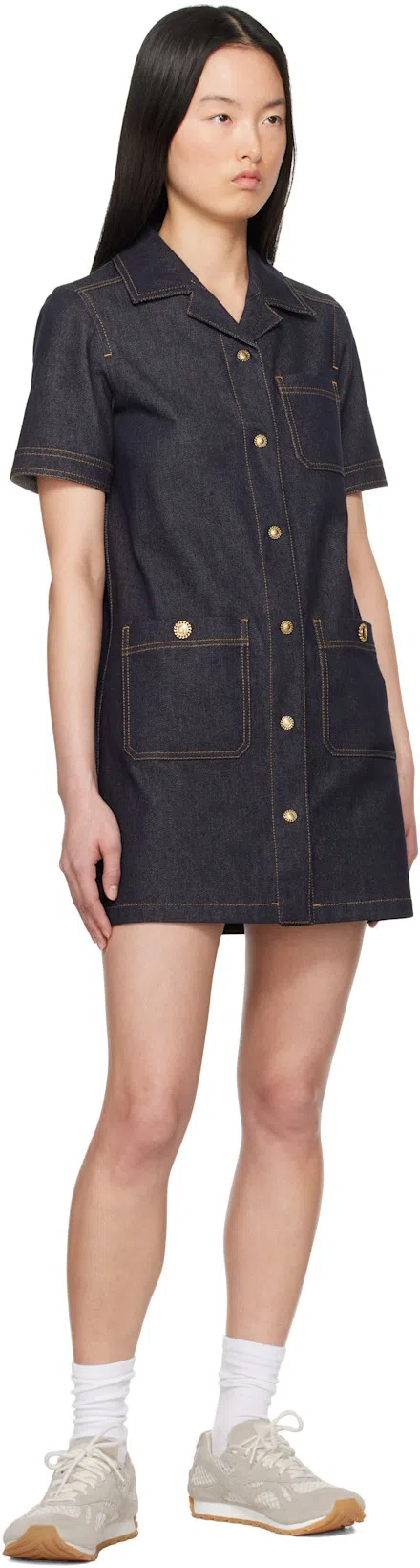 MONCLER Short Sleeve Denim Dress With Front Pockets In Blue