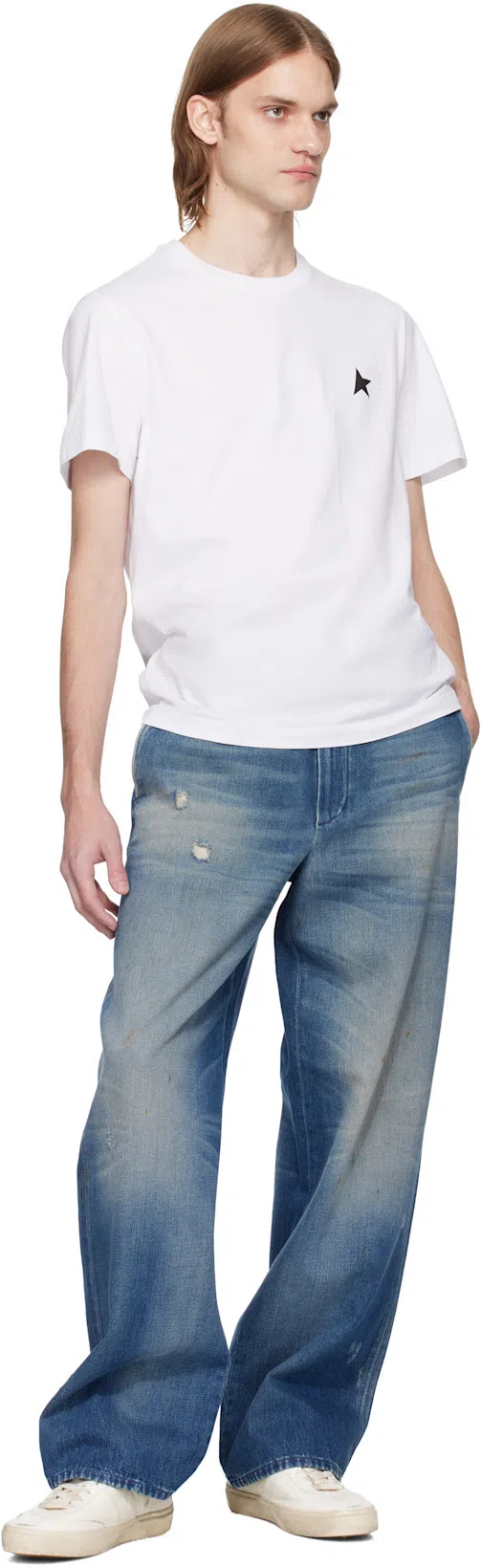 GOLDEN GOOSE White T-shirt With Round Neck And One Star Logo Print On The Front In Cotton Man