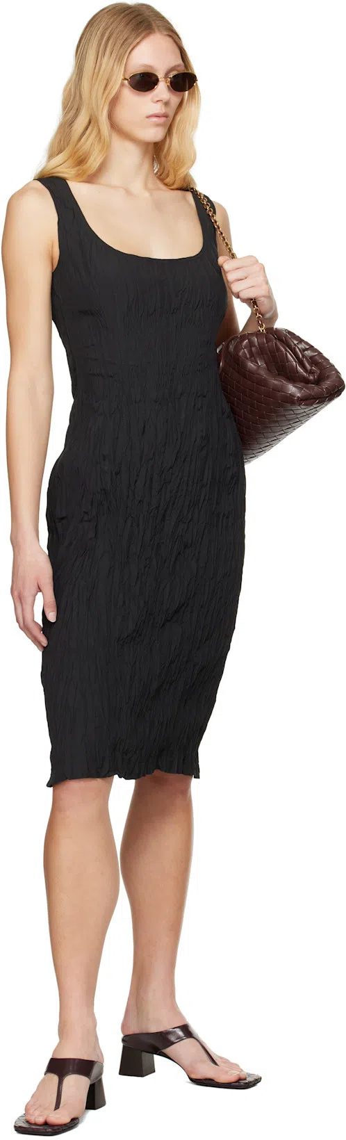 BOTTEGA VENETA Black Crinkled Midi Dress In 1000 Black