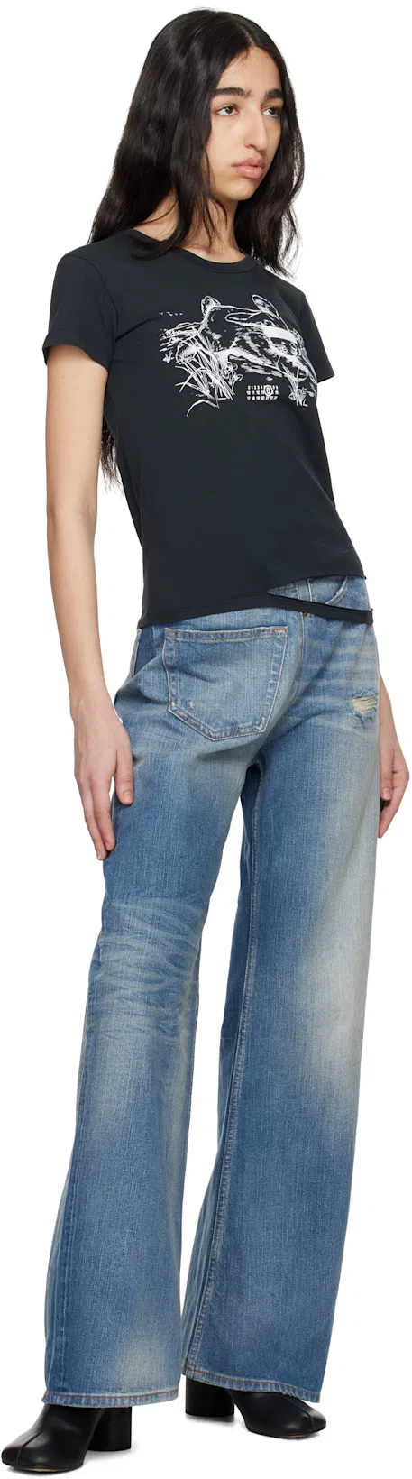 MM6 MAISON MARGIELA Blue Denim Wide Leg Twist Jeans In Medium Blue