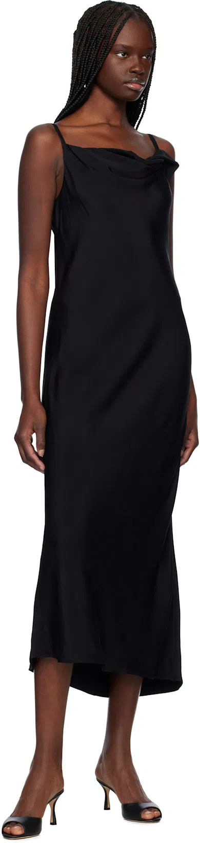RECTO Black Drapery Neckline Slip Midi Dress