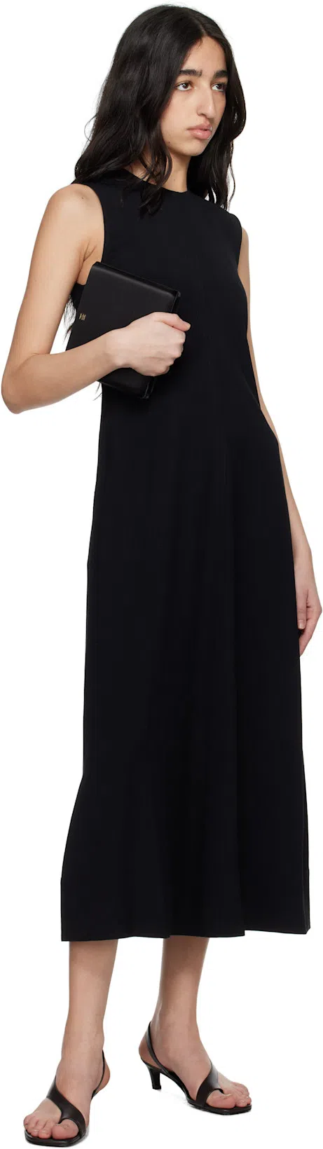 TOTÊME Long Crew Neck Flared Hem Midi Dress In Black 001