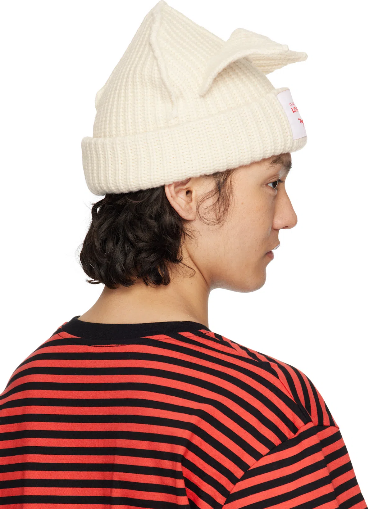 CHARLES JEFFREY LOVERBOY Mens Chunky-ear Logo-patch Knitted Wool-blend Beanie Hat Ecru In Neutral