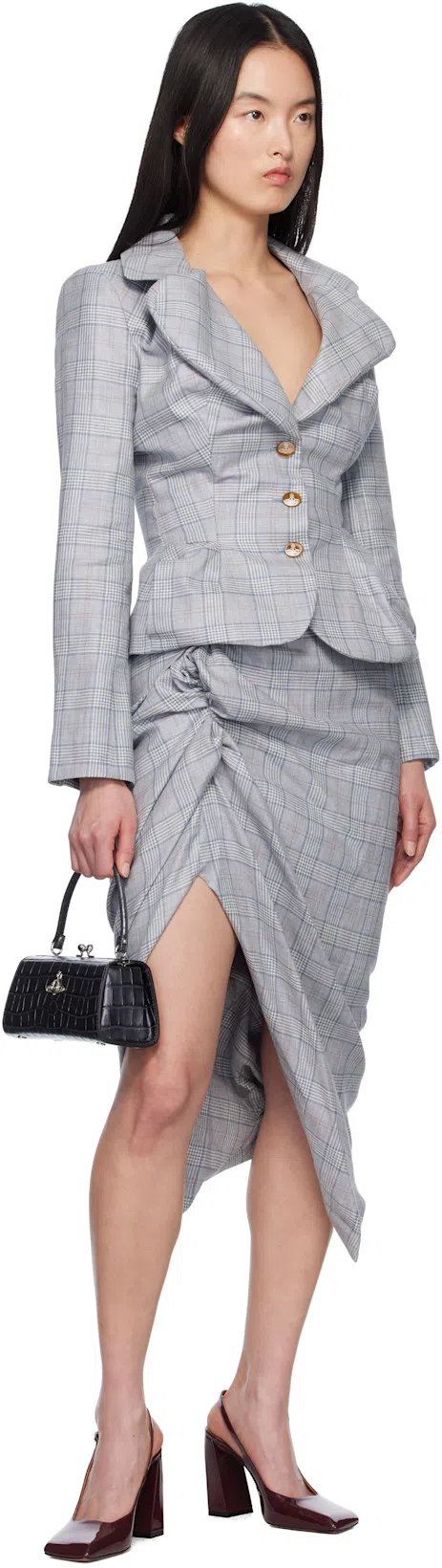 VIVIENNE WESTWOOD Tailored Checkered Blazer Peplum Hem In Grey