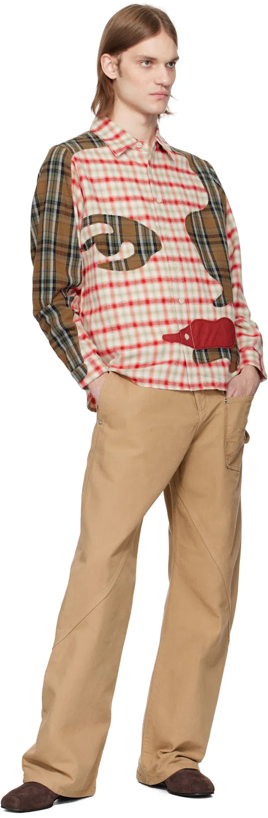 JW ANDERSON Mens Twisted Workwear Panelled Wide-leg Cotton Trousers Flax