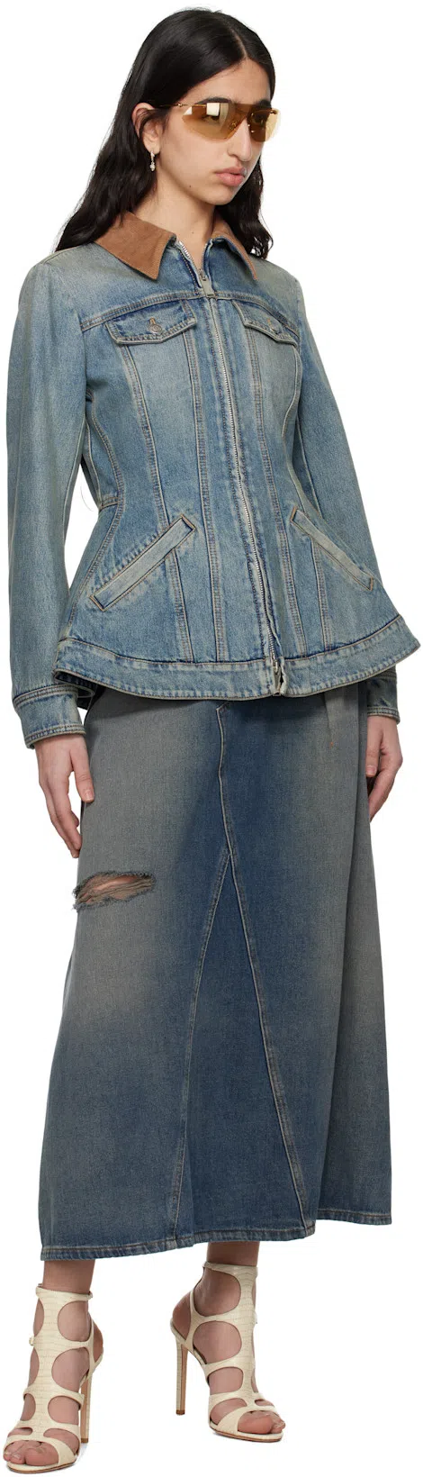 ALEXANDER MCQUEEN Corduroy Collar Peplum Denim Jacket Clothing In Blue