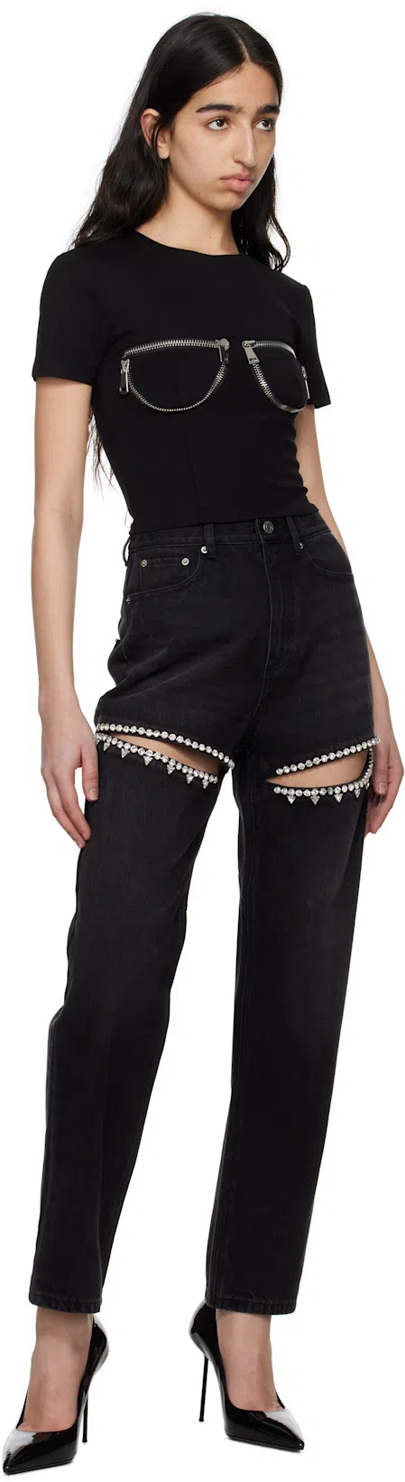 AREA Crystal Cutout Slit Straight Leg Jeans In Black