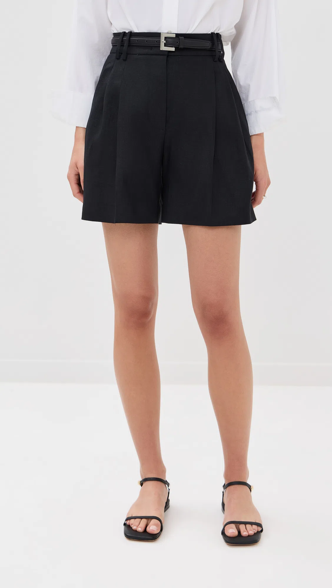 ANOTHER TOMORROW Pleated Front Linen Short In Black