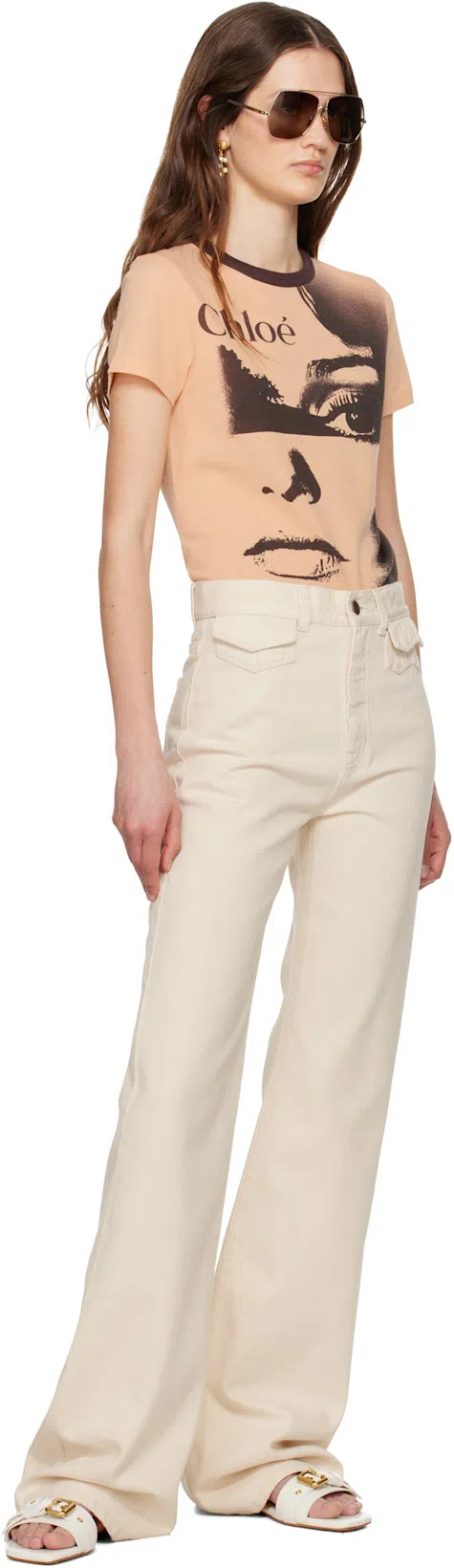 CHLOÉ Women Multicolor Crewneck T-shirt With Maxi Graphic Print On The Front In Wool Blend Woman In Neutral