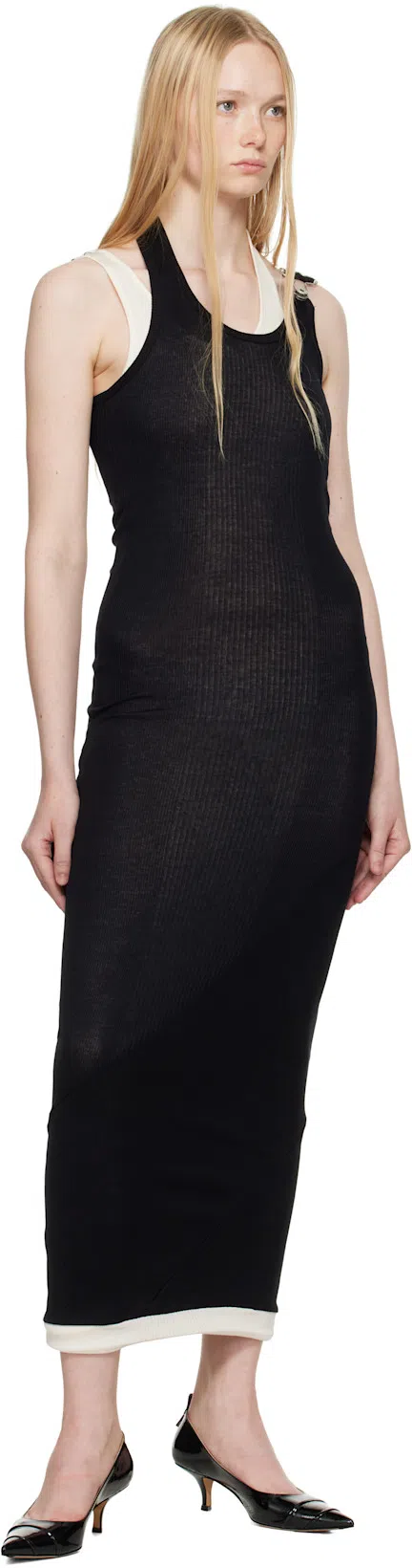 JEAN PAUL GAULTIER Cotton Ribbed Twisted Double Layer Sleeveless Dress In Black