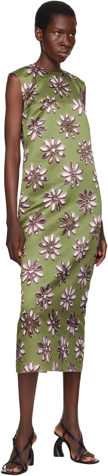 MERYLL ROGGE Khaki Daisy Scuba Shift Midi Dress