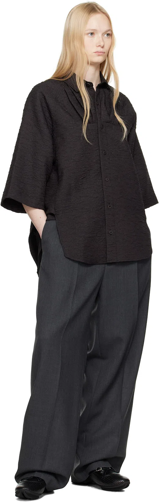 AURALEE Gray Wool Kid Mohair Hop Sack One-tuck Trousers In Top Charcoal