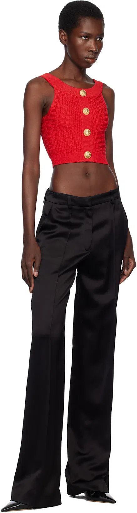 BALMAIN Red Buttoned Boatneck Knit Cropped Tank Top In 3kb Rouge Vif