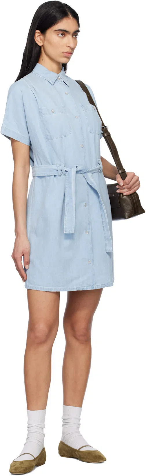 APC A.p.c. 'suzanne' Light Blue Dress With Patch Pockets On The Chest And Waist Belt In Cotton Woman In Multicolor