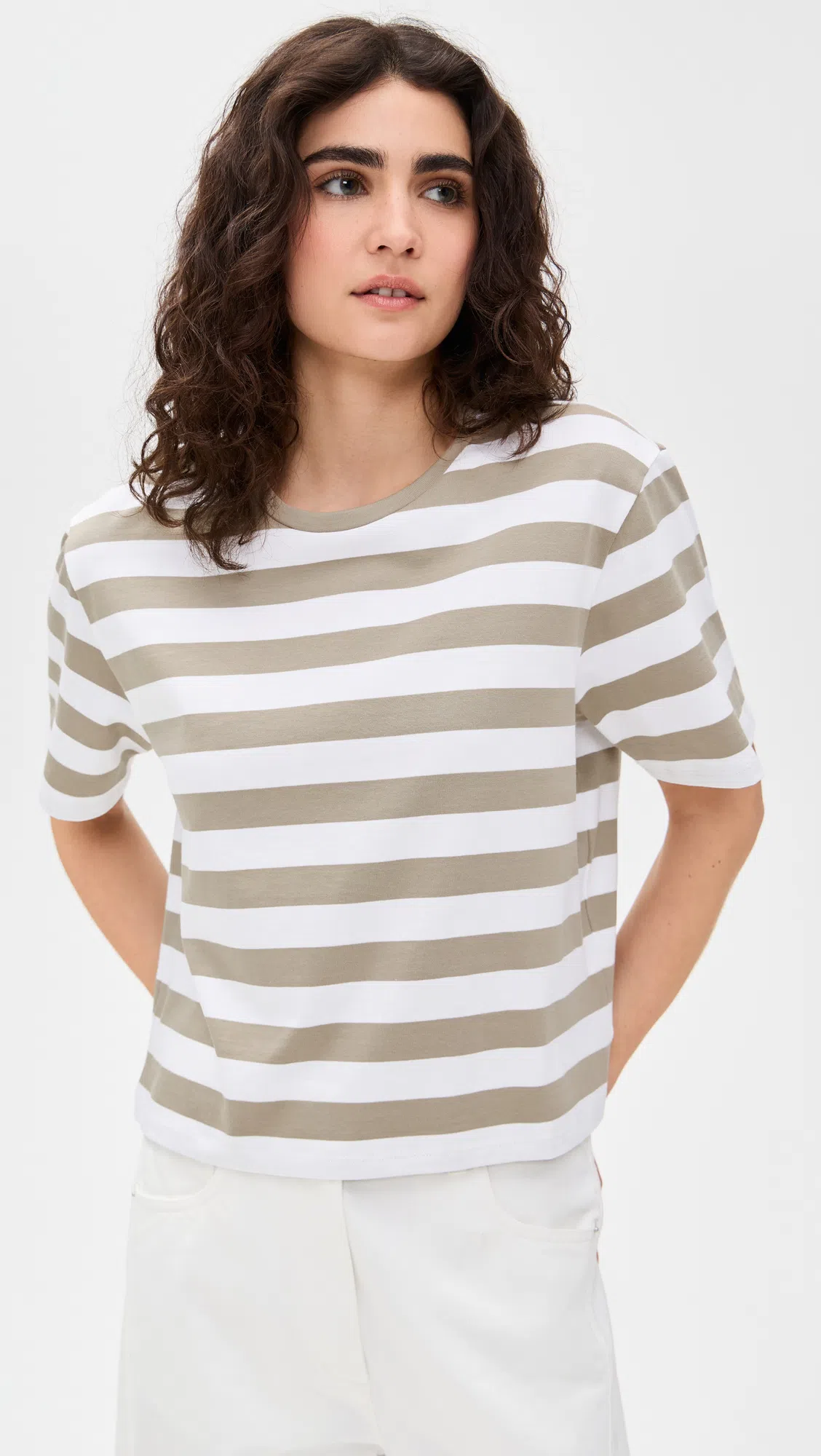 THEORY Boxy Crewneck Tee In Striped Cotton In Taupe Multi