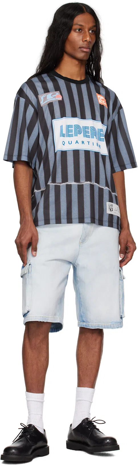 LE PERE Blue Star Drover Denim Cargo Shorts In Faded Blue