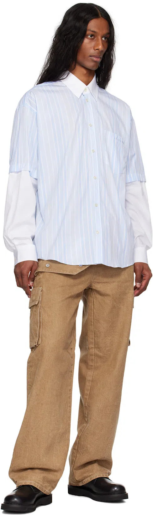 LE PERE Blue & White Detached Sleeve Button Down Shirt In Blue Stripe