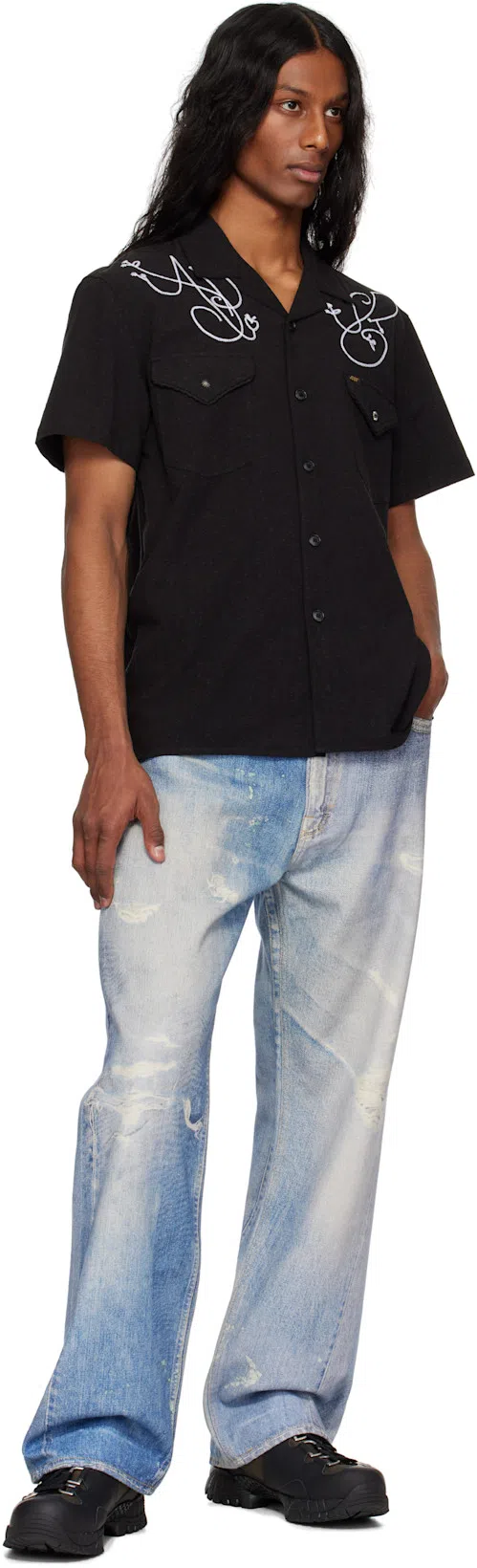 OUR LEGACY Mens Digital Denim Print Third Cut Faded-wash Denim Jeans In Blue