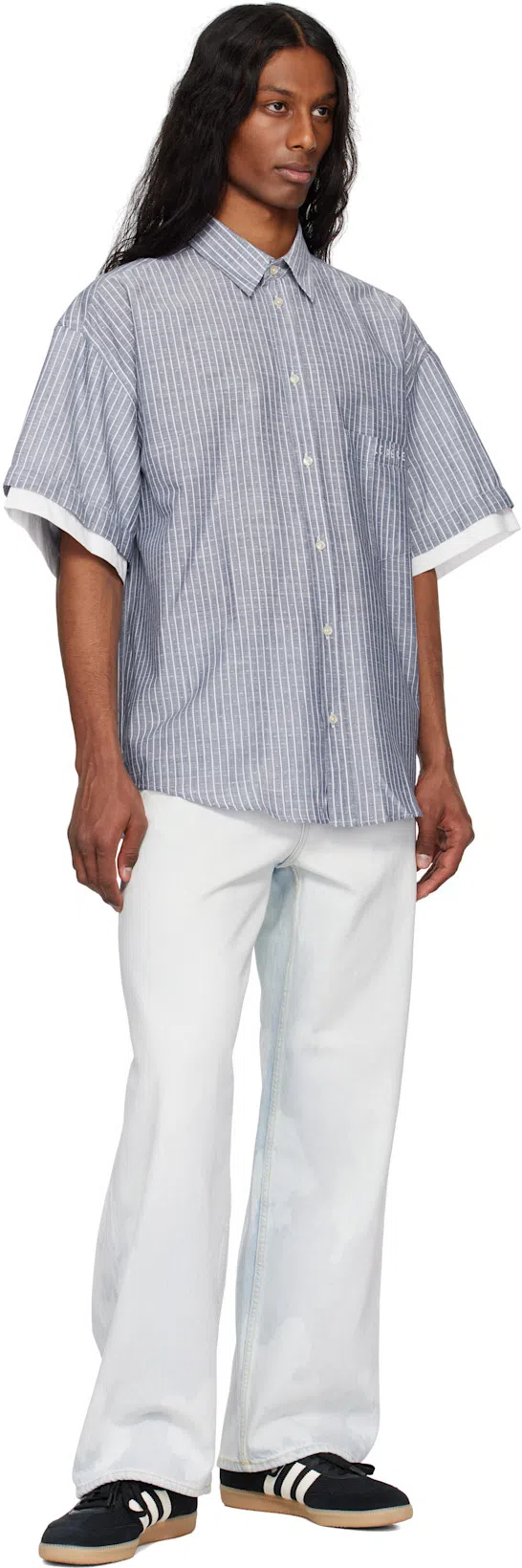 LE PERE Navy Double Short Sleeve Button Down Shirt In Midnight Stone