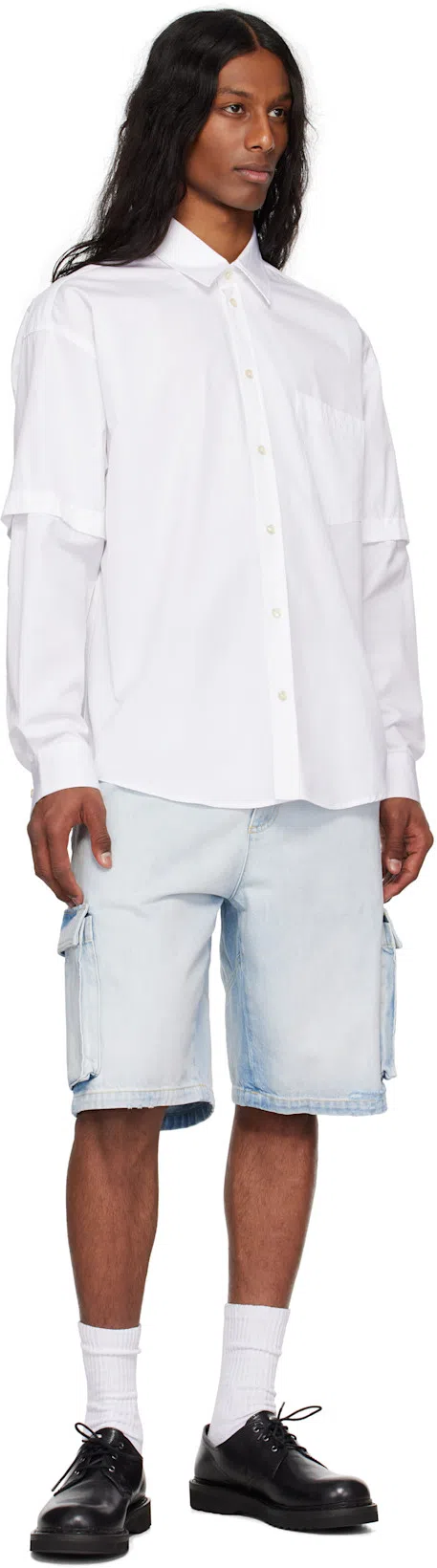 LE PERE Blue Star Drover Denim Cargo Shorts In Faded Blue