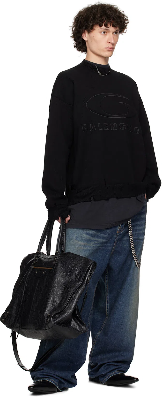 BALENCIAGA Black Cotton Logo Padded Knit Crewneck Sweater
