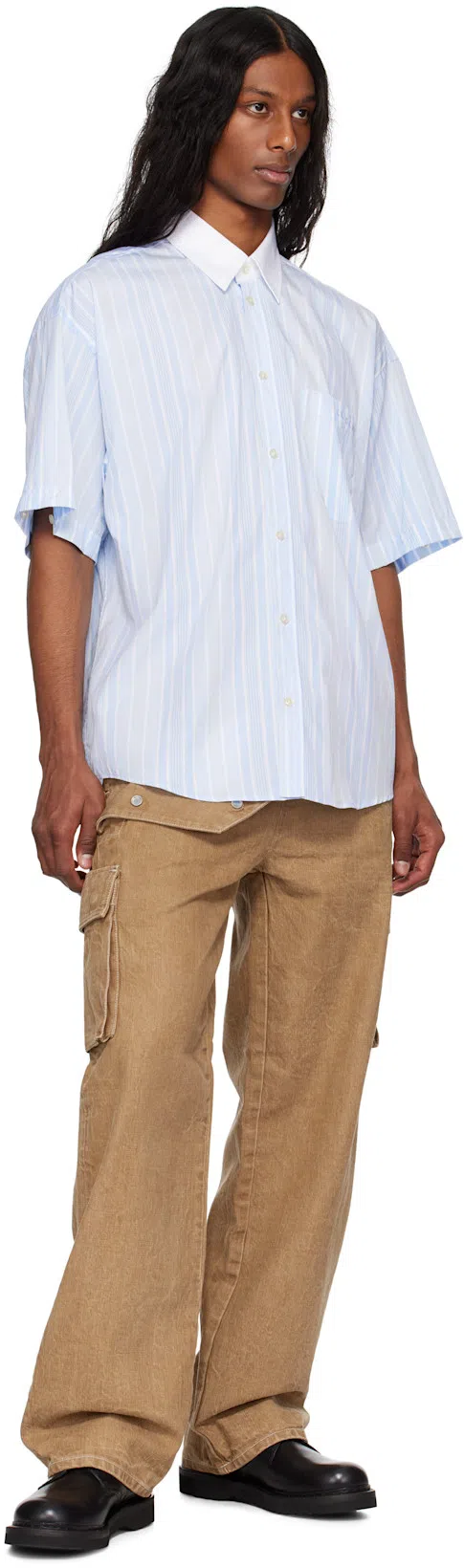 LE PERE Blue & White Detached Sleeve Button Down Shirt In Blue Stripe