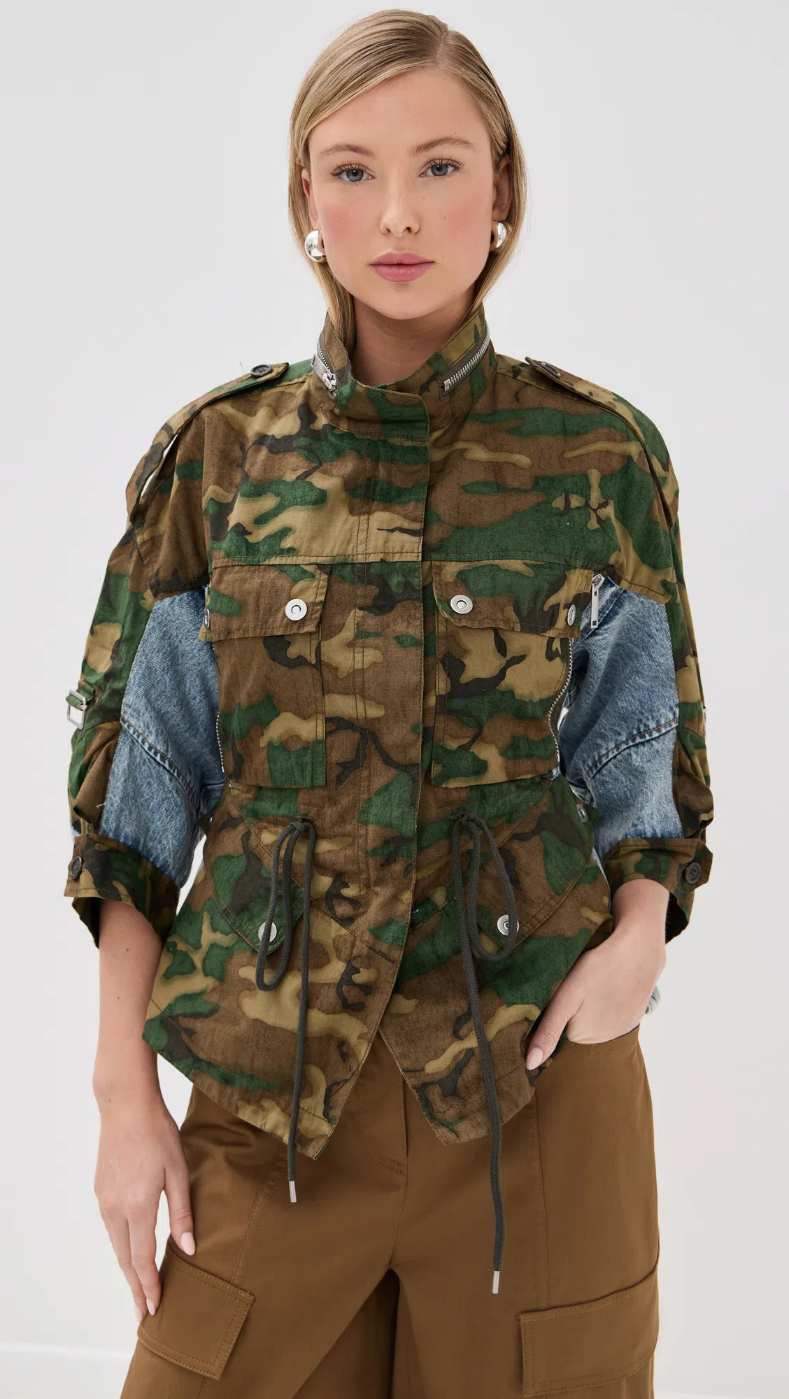 3.1 PHILLIP LIM Patchwork Camo Ripstop Cinched Utility Jacket Dark Olive Multi