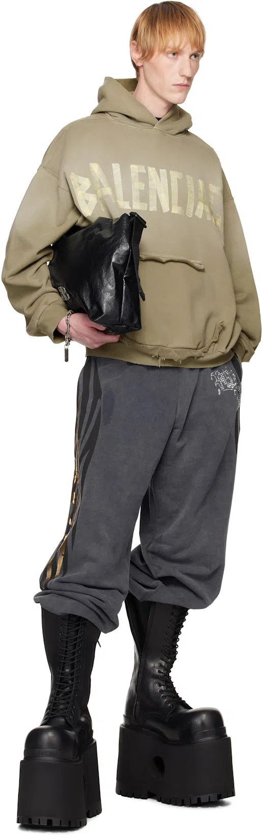 BALENCIAGA Tape Type Ripped Pocket Large Fit Fleece Hoodie In Brown