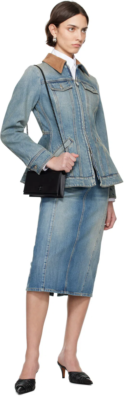 ALEXANDER MCQUEEN Corduroy Collar Peplum Denim Jacket Clothing In Blue