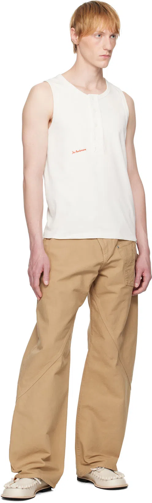 JW ANDERSON Mens Twisted Workwear Panelled Wide-leg Cotton Trousers Flax