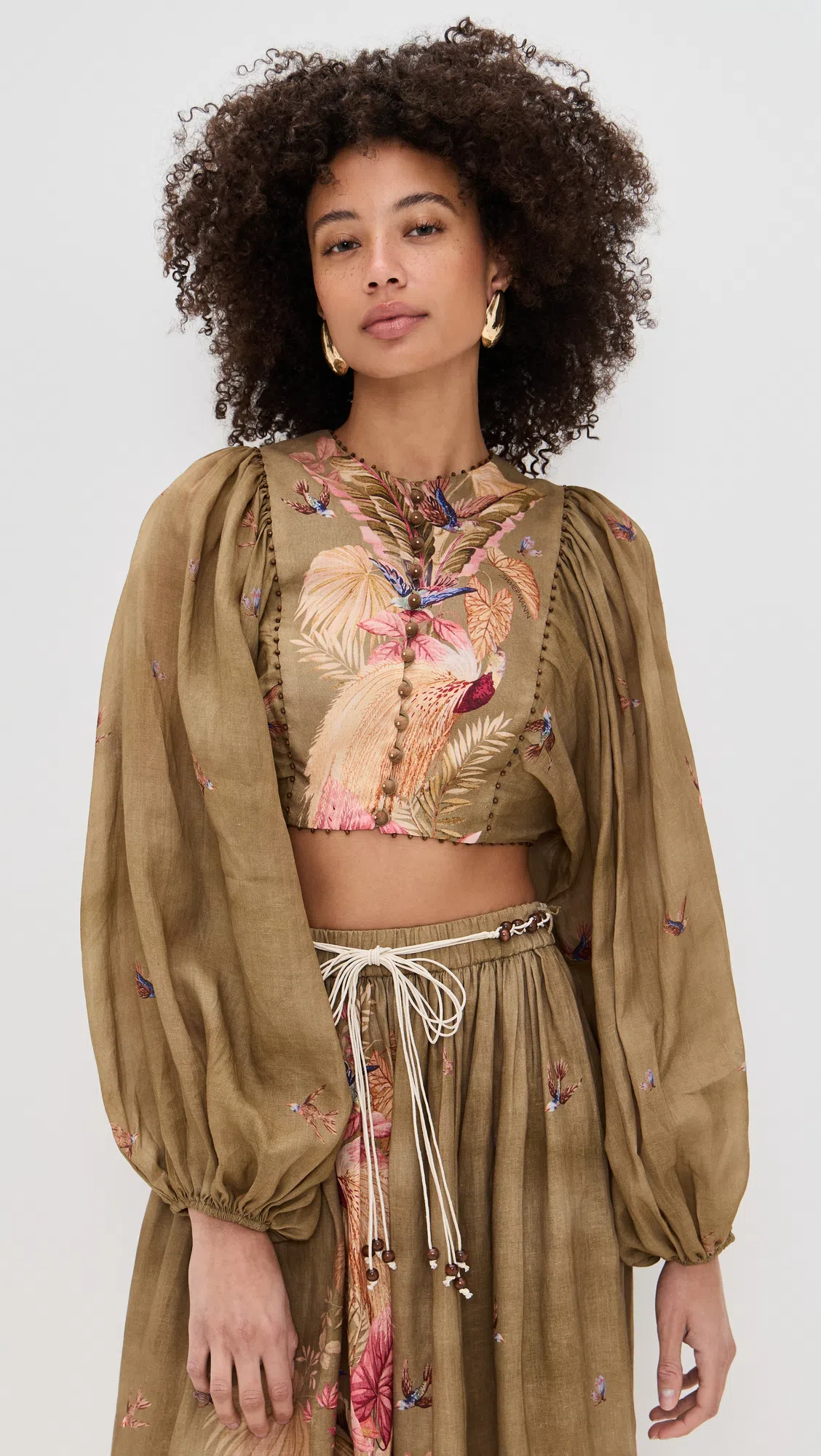 ZIMMERMANN Ascension Cropped Bodice Top In Khaki Palm Floral In Brown