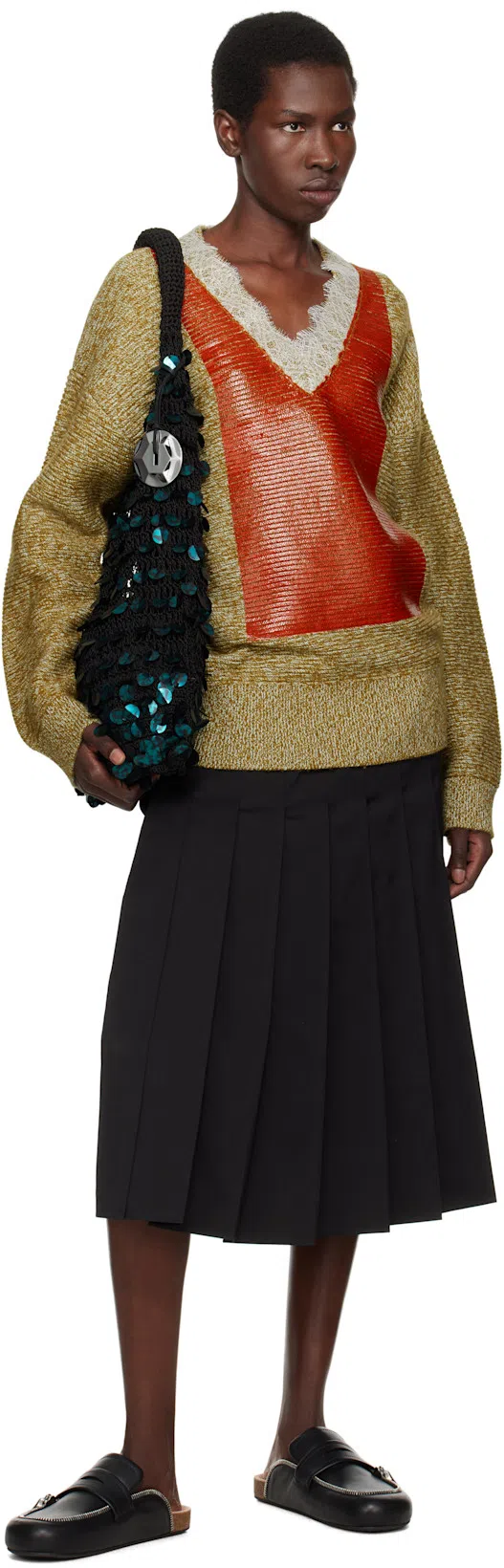 JW ANDERSON Green Sequin Hobo Shoulder Bag In Black