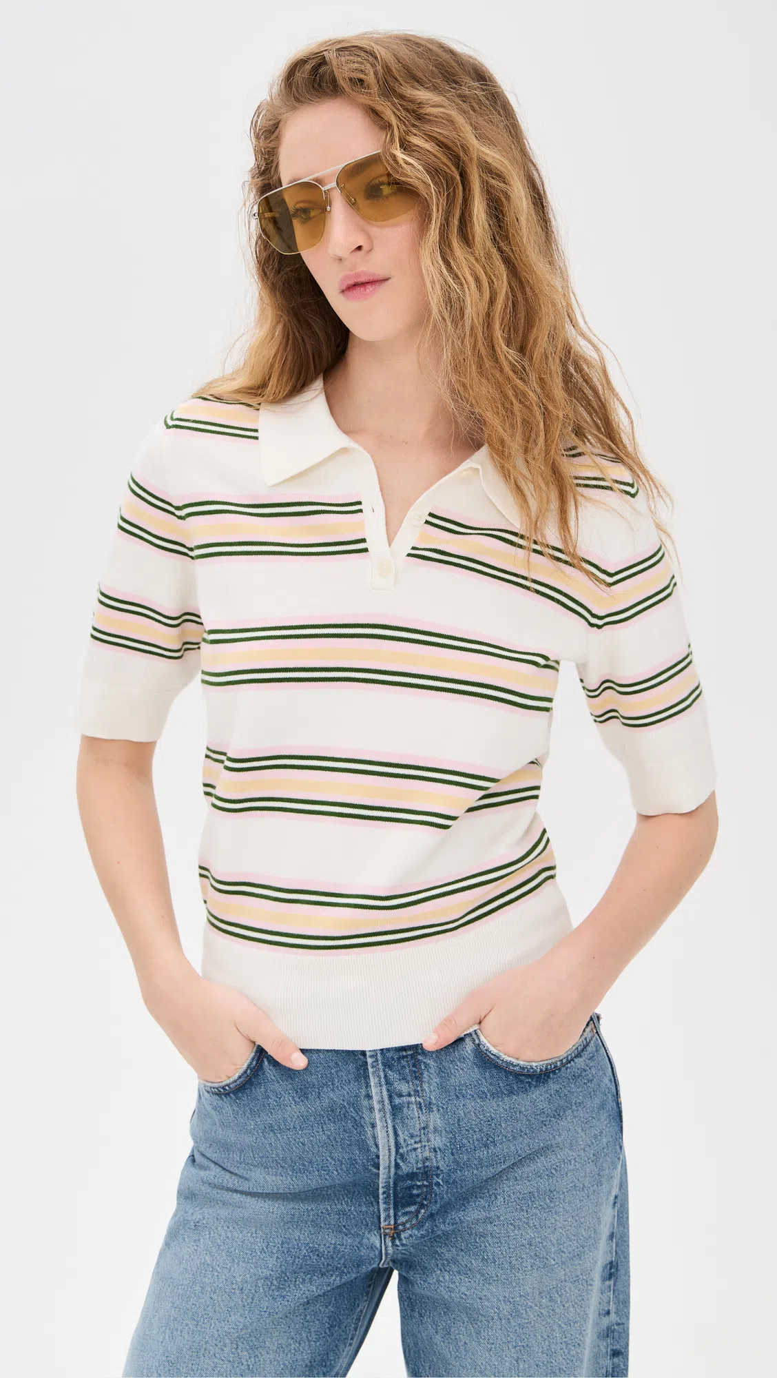 REFORMATION Campbell Cotton Polo Sweater In Fior Di Latte Multi Stripe