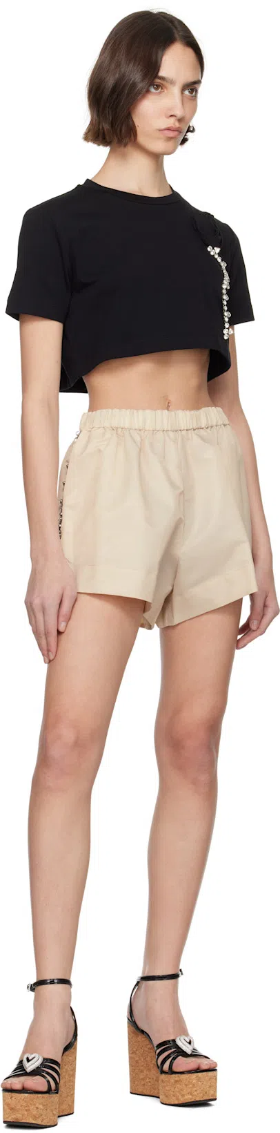 AREA Crystal Rosette Cropped T-shirt In Black