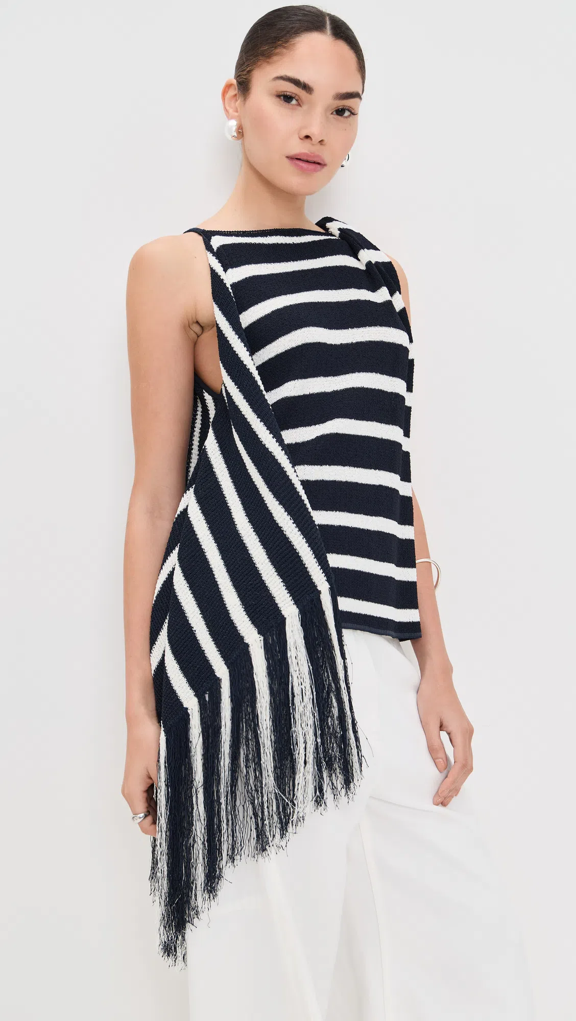 PROENZA SCHOULER Yves Top In Stripe Fringed Knit In Blue