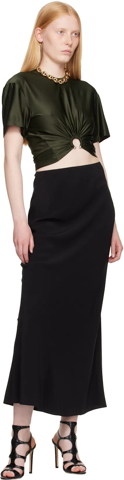 RABANNE Cut-out Knot Detail Round Neck Top In Green